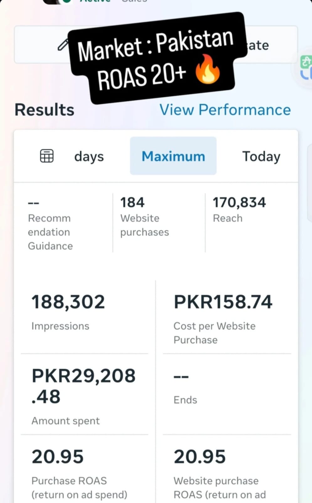 Anonymized paid social dashboard showing 184 website purchases and 20.95 purchase ROAS.