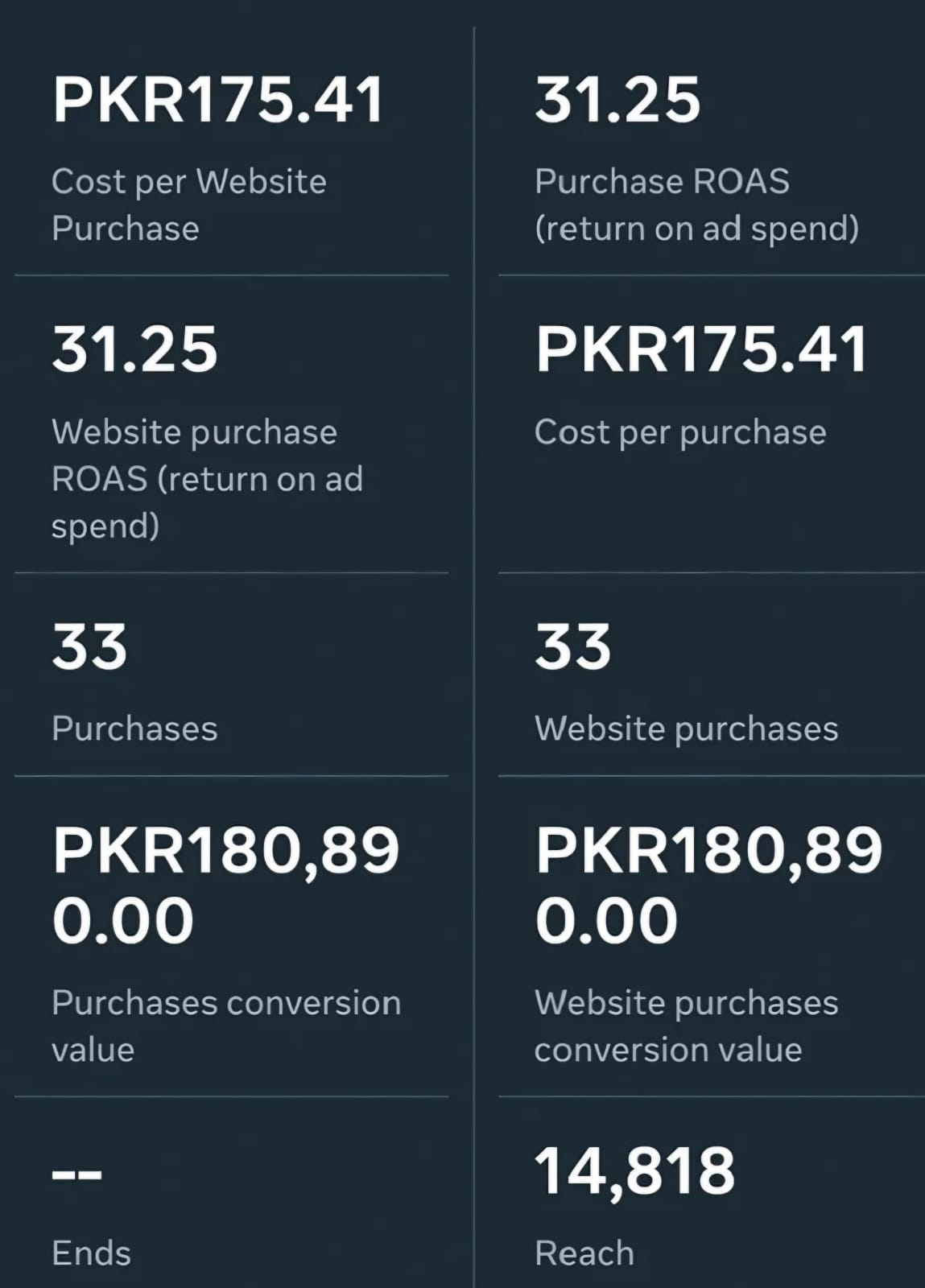 Anonymized paid social dashboard showing 31.25 purchase ROAS and 33 purchases.