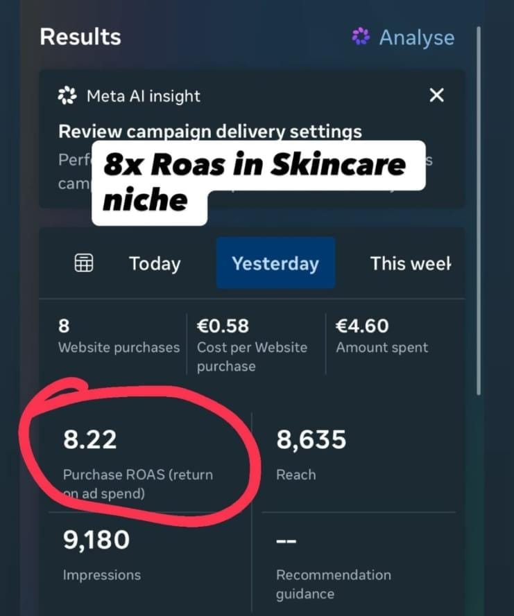 Anonymized international paid social dashboard showing 8.22 purchase ROAS.